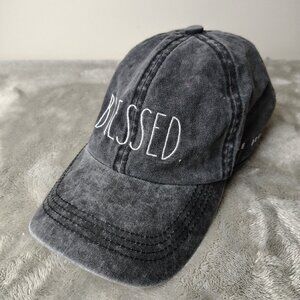 RAE DUNN Hat Strapback Adjustable Black BLESSED Spellout Faded 100% Cotton